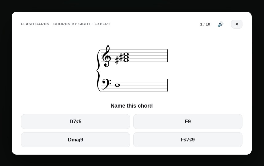 A flash card asking you to name a chord from engraved grand staff notation
