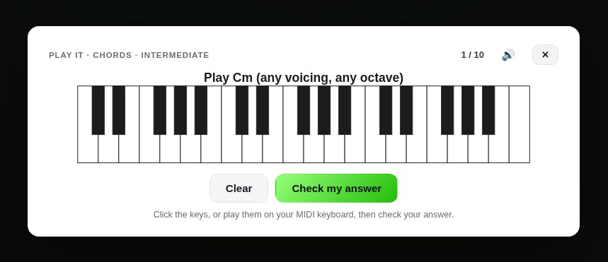 A quiz asking you to play the answer on a MIDI keyboard